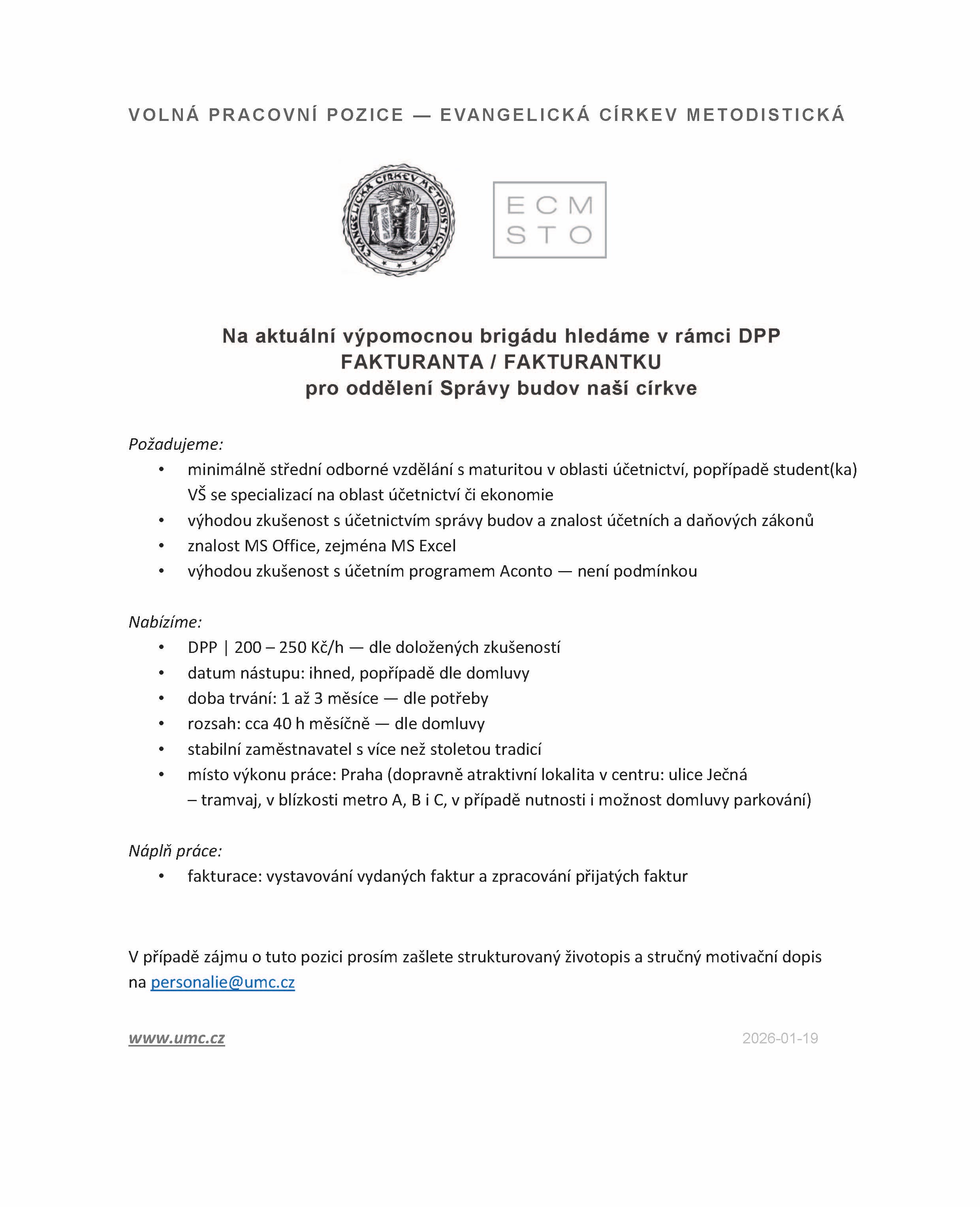 Volná pracovní pozice DPP fakturantka Správy budov ECM 2026 01 19
